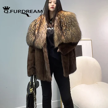 Q. FURDREAM Внос дамско яке от кадифе С яка от естествена кожа на миеща мечка, Модна тенденция, тенденция Дрехи, Есен кожени палта, Жена