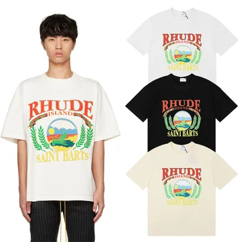 2023 Тениска с къс ръкав Rhude Класически свободно време Sunset Beach Удобен модел с принтом от чист памук, Ежедневни мъжки и женски
