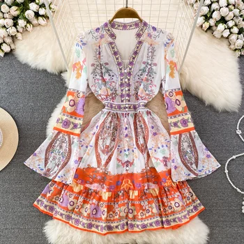 JAMERARY Великолепното Лятно шифоновое къса рокля с цветен модел За жени, Прозрачни мини рокли с V-образно деколте и дълъг расклешенным ръкав с флорални принтом