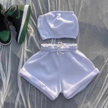 GPBD 2023, Нов Секси женски костюм в уличном стил на чистия цвят, Кратък топ без презрамки, Ластични Къси панталони, Комплекти от две части