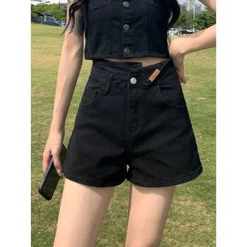 Черни дънкови къси панталони с висока талия, дамски Летни Свободни утягивающие панталони Трапецовидна форма с неправилна форма за най-горещите Момичета, известни в Интернет на открито S