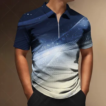 Мъжки бизнес с модерна риза с къси ръкави с цип с технологичным принтом, лятна тениска с къс ръкав, всекидневни удобен топ оверсайз