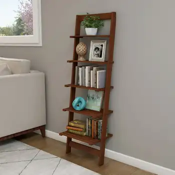 5-Ярусная bookshelf-стремянка - Наклоняющиеся декоративни рафтове за витрини-Дървен интериор за дневната, баня и кухненски рафтове (Walnu