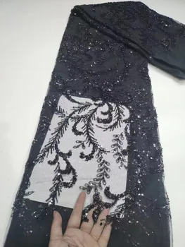 Нигерийская черна лейси плат с 3D пайети 2023, висококачествен африкански дантела, френски тюл, лейси плат с бродерия под формата на искри, вечерна рокля