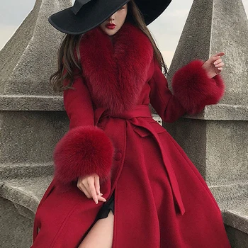 Есен-зима 2023, дамски Нова мода в стил знаменитост Хепбърн, Демонстрация на талията, Тънък плюшено яка, покривка козината е със средна дължина
