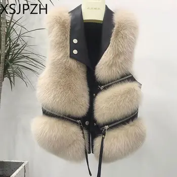 2023 Нов дамски зимна жилетка от изкуствена кожа, палта с разрезным шев, имитация на лисици, късо палто, яке 