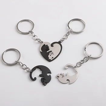 YANZAI, уникални ключодържатели с черна котка от неръждаема стомана, кръгла мозайка сърце, идеален подарък за двойки, най-добри приятели и любими