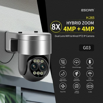 ESCAM G03 Бинокулярная Двухобъективная Куполна камера с Увеличение, Двойна Източник на Светлина, Интелигентно Нощно Виждане, Безжична WiFi, Двупосочен Глас, Водоустойчив