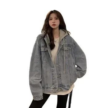 2023, Пролетно нова дамски дънкови яке, Корейската версия, Кратко Модно Универсално палто Свободно намаляване с качулка и дълъг ръкав, Безплатна доставка