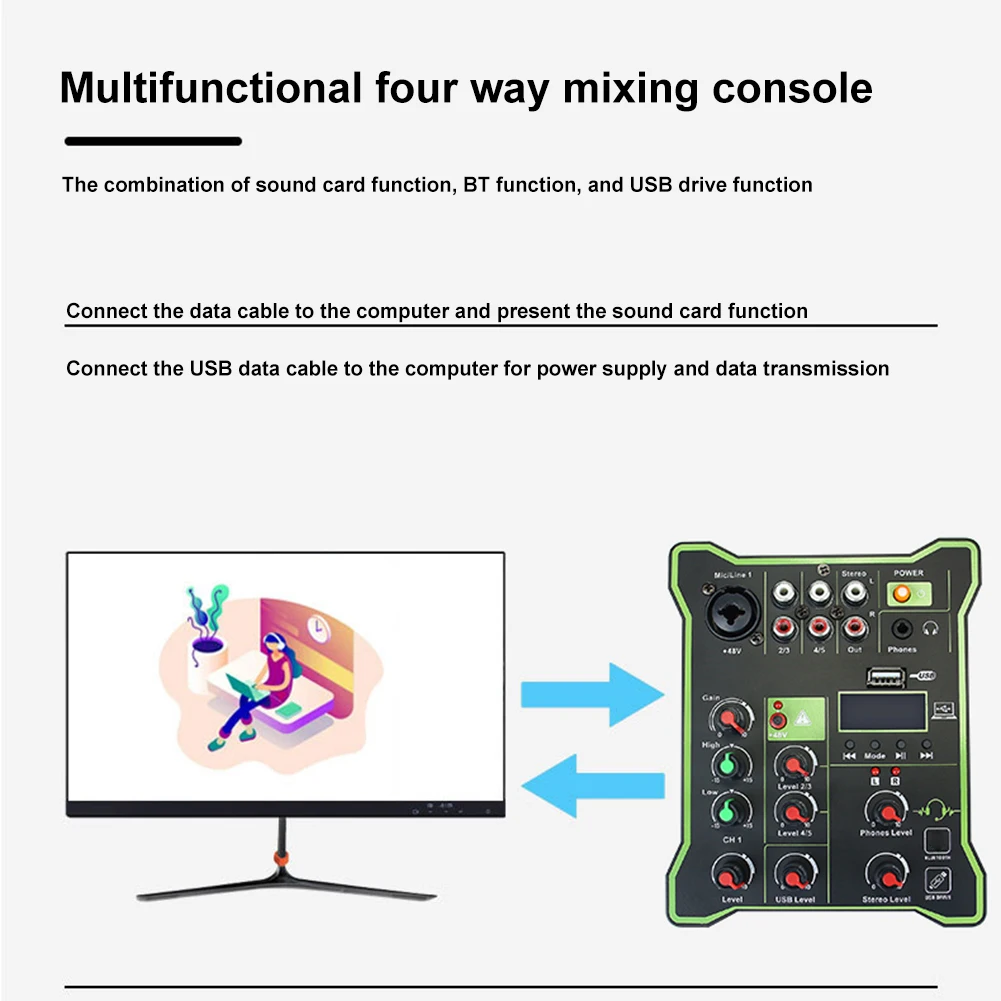 5-канален мини-миксер, Мултифункционален смесителен пулт, звукова лента с DSP ефекти, Bluetooth съвместим USB, възпроизвеждане на компютърни записи - 0