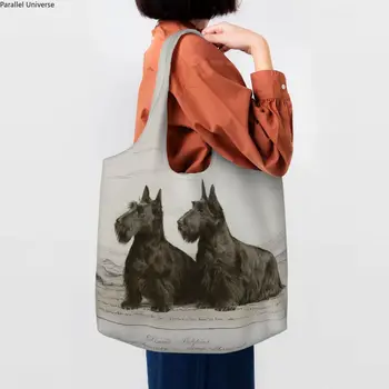 Реколта чанта за пазаруване с кучето Шотландски териер, Женски холщовая чанта-тоут, Преносим чанта за любителите на животни Скоти, Чанти за пазаруване в магазините за хранителни стоки, дамска чанта