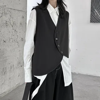 SuperAen, майк в японски стил, жилетка без ръкави за жени, черен, с V-образно деколте, копчета, градинска жилетка, яке