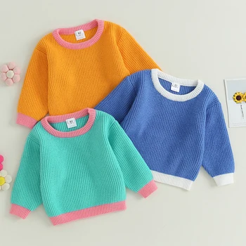 FOCUSNORM/Есенно-зимния вязаный пуловер с дълъг ръкав за момиченца от 0 до 4 години, цветно трико в стил мозайка, пуловери, блузи