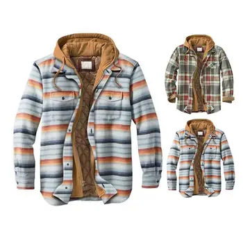 Мъжко есенно-зимно яке, палто с качулка и принтом в клетка от две части, Дълъг ръкав, Дебели джобове с цип с завязками, Мъжко палто със средна дължина