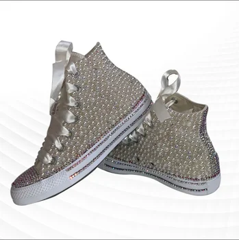 Изработена по поръчка парусиновая обувки с висок берцем, украсена с кристали и пайети, универсална спортни обувки за ходене за мъже и жени, голям размер 35-46