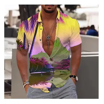 Летни Хавайски Ризи за Мъже, Плажни Ризи с къс ръкав, Блуза, Плажната Мода Мъжка Риза с 3D Принтом на Кокосовата Палма, Върховете Aloha 6XL