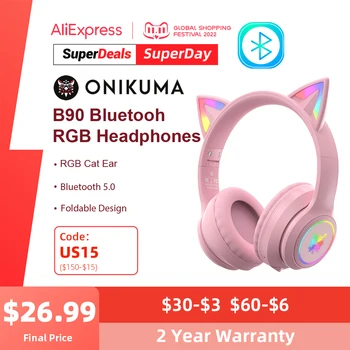 ONIKUMA B90 Bluetooth Слушалки с RGB Красиви кошачьими уши Сгъваеми Безжични Bluetooth слушалки Слушалки за компютърни игри PC Gamer