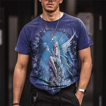 Мъжка тениска с 3D Анимационни принтом Ангел, Лятна тениска с къс ръкав и кръгло деколте За мъже, Модни ежедневни блузи, Мъжки дрехи Оверсайз
