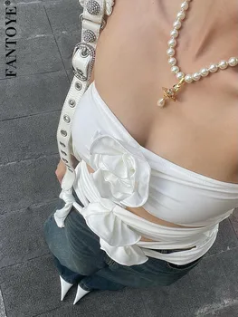 Fantoye Секси Жена Съкратен топ без презрамки с 3D Цветя, Бяла риза с отворена на гърба, Дамски Лятна Облегающая Елегантна Градинска облекло 2023