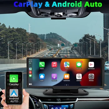 TomoStrong 10,26 инча Видеорекордер Отпред и отзад с две Лещи GPS Навигация арматурното табло, Камера за обратно виждане и Безжичен Carplay Android Auto WiFi BT