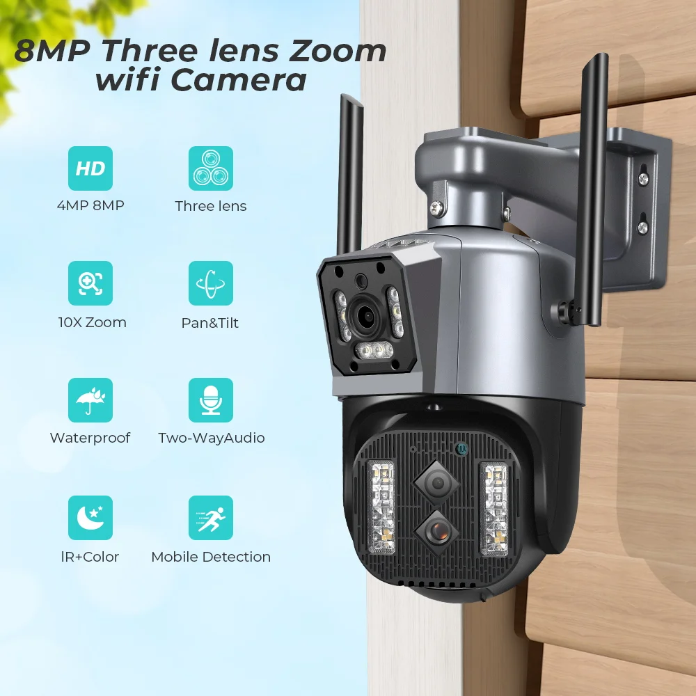 IP камера за 4K 8MP HD с две лещи, 10-кратно увеличение, градинска WiFi PTZ камера, 4-мегапикселова камера за видео наблюдение с автоматично проследяване - 1