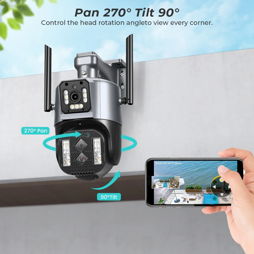 IP камера за 4K 8MP HD с две лещи, 10-кратно увеличение, градинска WiFi PTZ камера, 4-мегапикселова камера за видео наблюдение с автоматично проследяване - 3