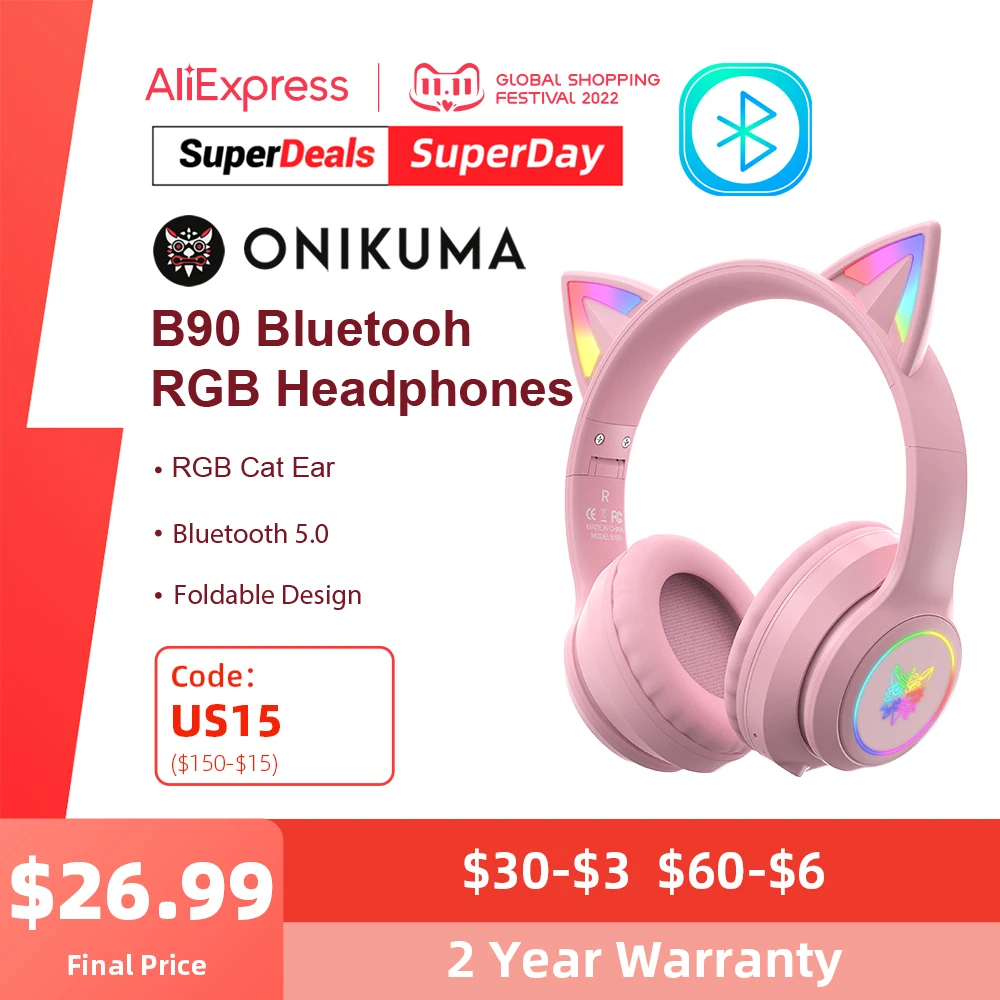 ONIKUMA B90 Bluetooth Слушалки с RGB Красиви кошачьими уши Сгъваеми Безжични Bluetooth слушалки Слушалки за компютърни игри PC Gamer - 0