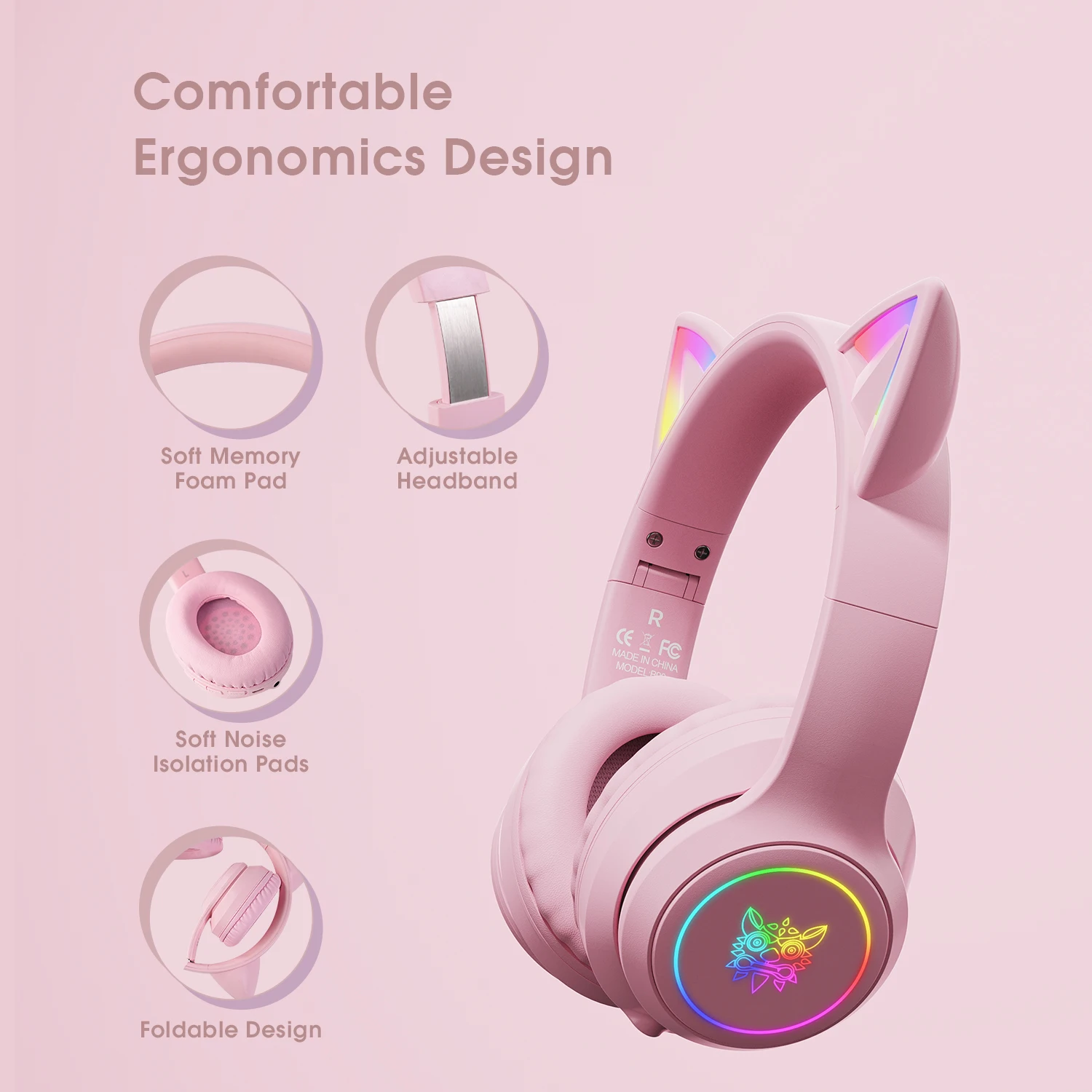 ONIKUMA B90 Bluetooth Слушалки с RGB Красиви кошачьими уши Сгъваеми Безжични Bluetooth слушалки Слушалки за компютърни игри PC Gamer - 2