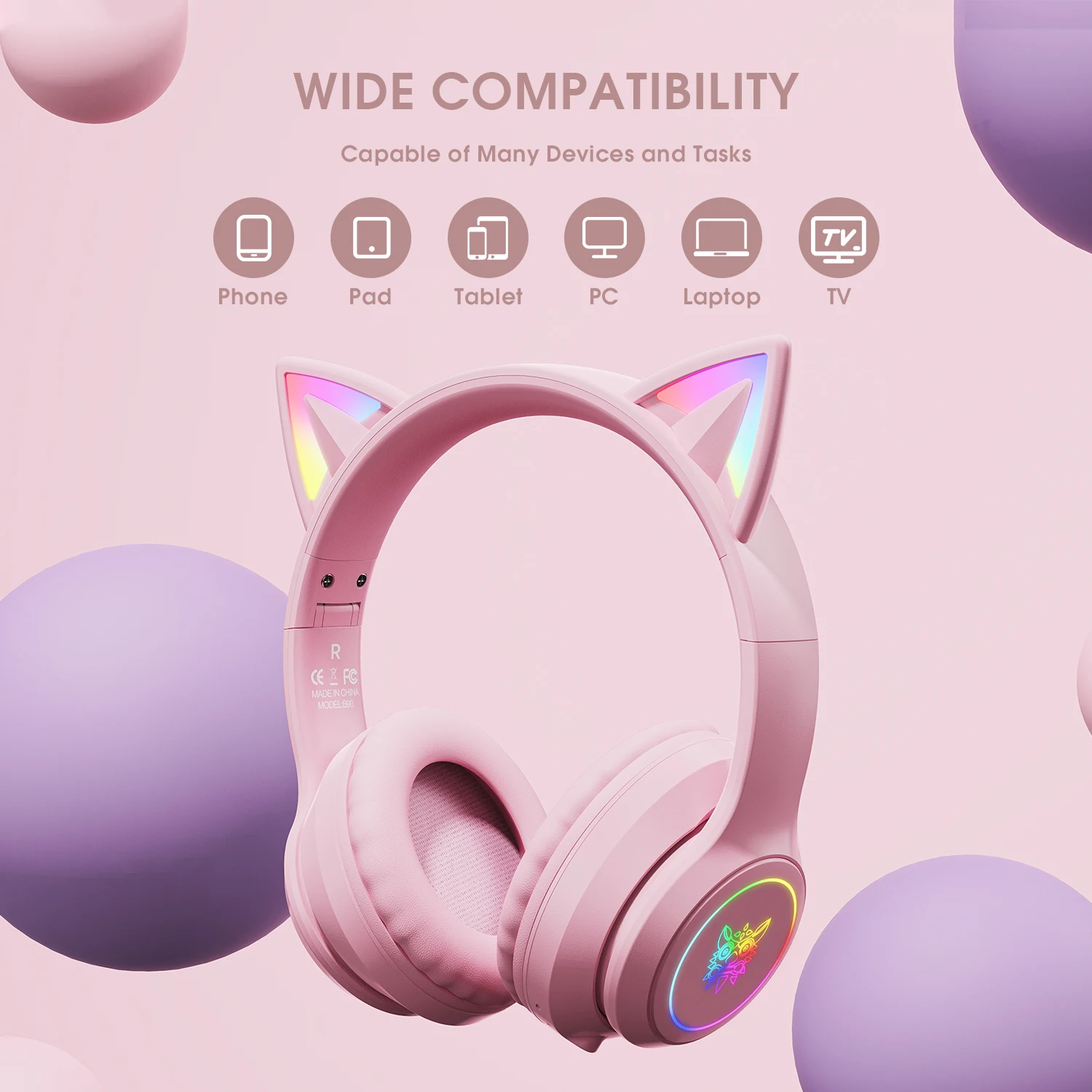 ONIKUMA B90 Bluetooth Слушалки с RGB Красиви кошачьими уши Сгъваеми Безжични Bluetooth слушалки Слушалки за компютърни игри PC Gamer - 4