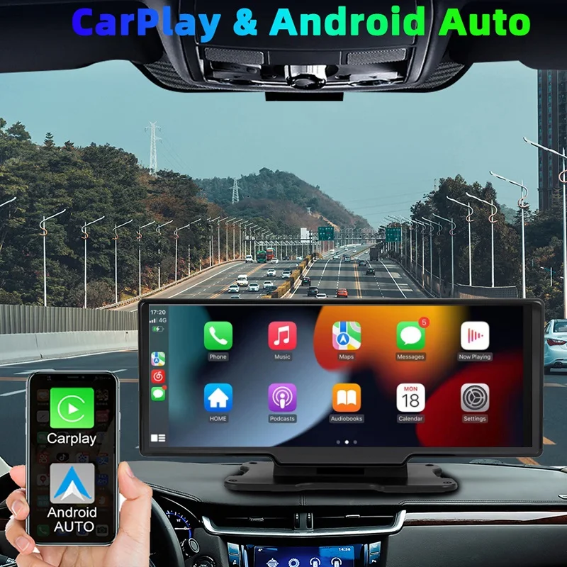 TomoStrong 10,26 инча Видеорекордер Отпред и отзад с две Лещи GPS Навигация арматурното табло, Камера за обратно виждане и Безжичен Carplay Android Auto WiFi BT - 0