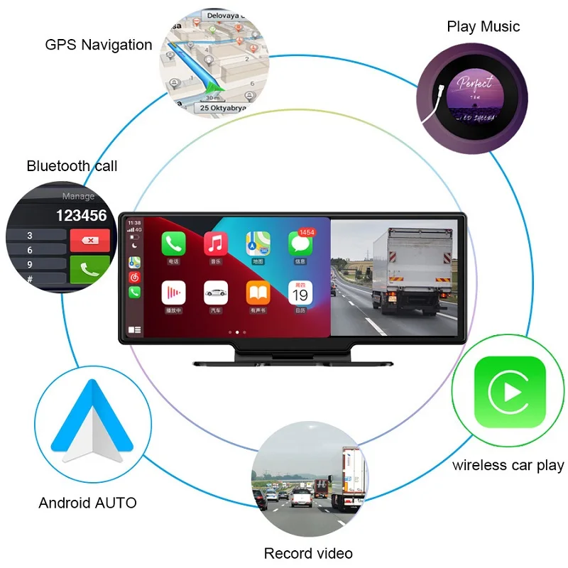 TomoStrong 10,26 инча Видеорекордер Отпред и отзад с две Лещи GPS Навигация арматурното табло, Камера за обратно виждане и Безжичен Carplay Android Auto WiFi BT - 1