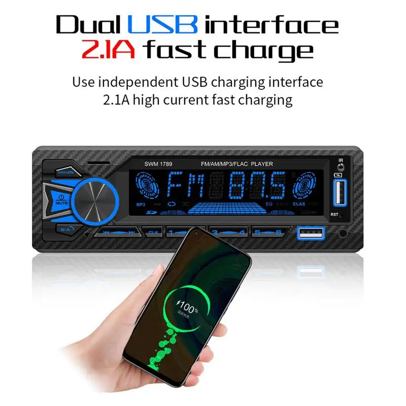 Авто Стереосистемный мултимедиен аудио плейър на един Din с LCD дисплей, две Bluetooth устройства 5.1 свързване към бързо зареждане чрез USB 2.1 A - 3