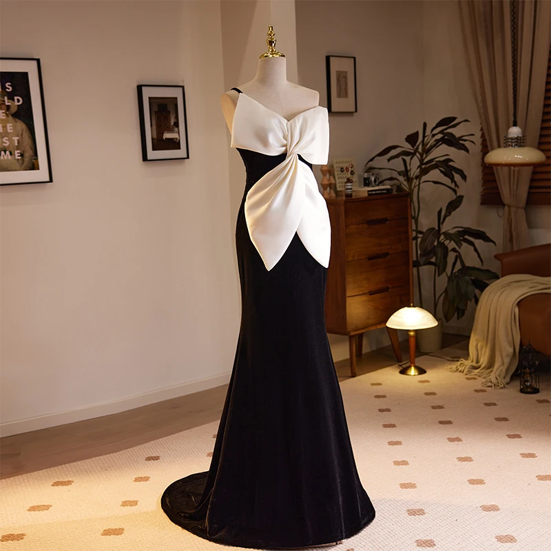 Вечерна рокля без ръкави с лък под формата на Русалка с едно рамо, Елегантна рокля дантела с дължина до пода от черен велур, нови вечерни рокли за жени B2807 - 1