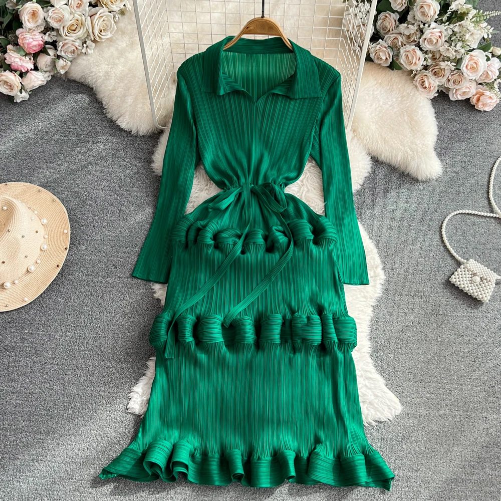 Винтажное плиссированное диференцирани рокля с отложным яка и дълъг ръкав, Красива корейска модерни есен премяна - 0