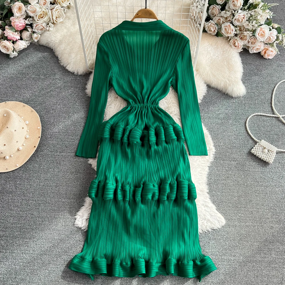 Винтажное плиссированное диференцирани рокля с отложным яка и дълъг ръкав, Красива корейска модерни есен премяна - 3