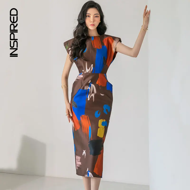 Корейското модно елегантна женствена рокля с принтом, Лято 2023, Луксозни темпераментни рокли Midi в стил Хип-хоп за жени, дебнещ офис рокля - 0