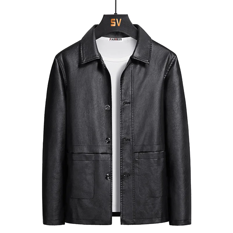 Мъжко кожено яке от изкуствена кожа на едро цени, Есенно-зимна Изкуствена яке, Черна за мъжки палта и якета, Размер L-5XL - 1