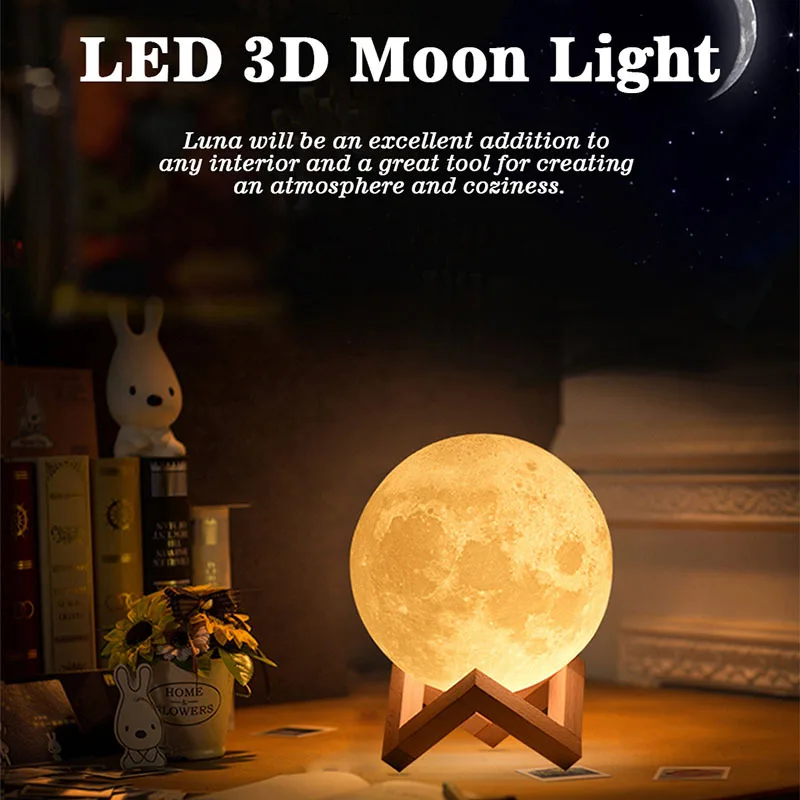 Настолна Луната, led лека нощ, 3D печат, Лунна светлина, led нощна светлина, led нощна светлина, с лампа - 2