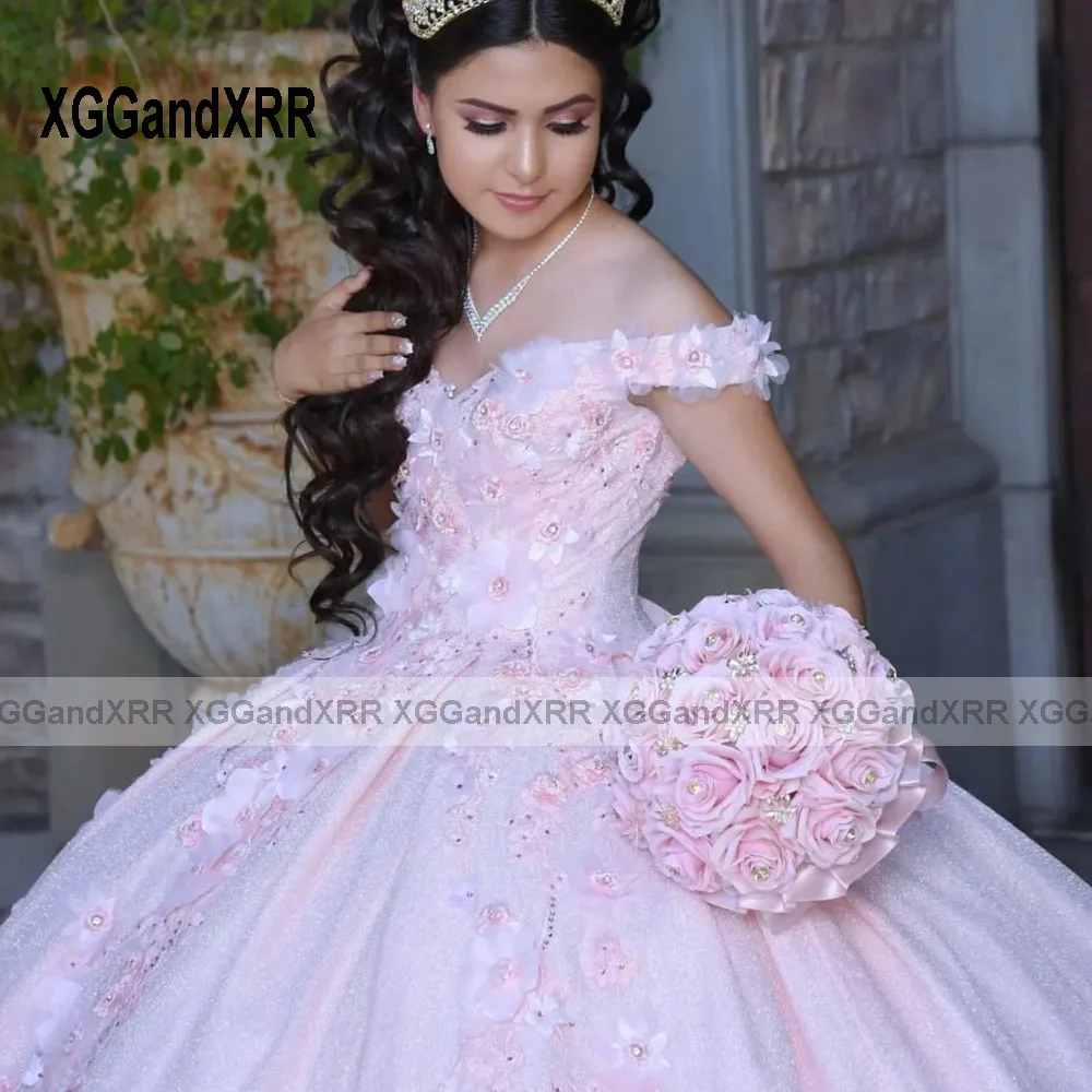 Пищни рокля с цветен модел 2023, апликация с открити рамене, Сладка Розова бална рокля на принцеса с отворен гръб, Vestidos De 15 Años - 1