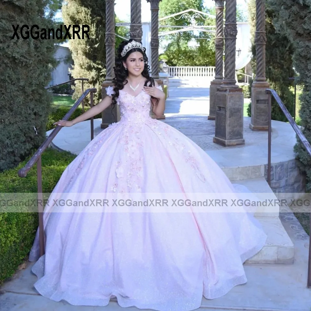 Пищни рокля с цветен модел 2023, апликация с открити рамене, Сладка Розова бална рокля на принцеса с отворен гръб, Vestidos De 15 Años - 2