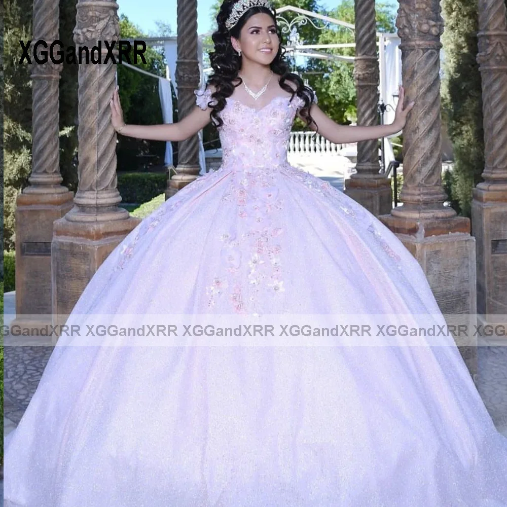 Пищни рокля с цветен модел 2023, апликация с открити рамене, Сладка Розова бална рокля на принцеса с отворен гръб, Vestidos De 15 Años - 3