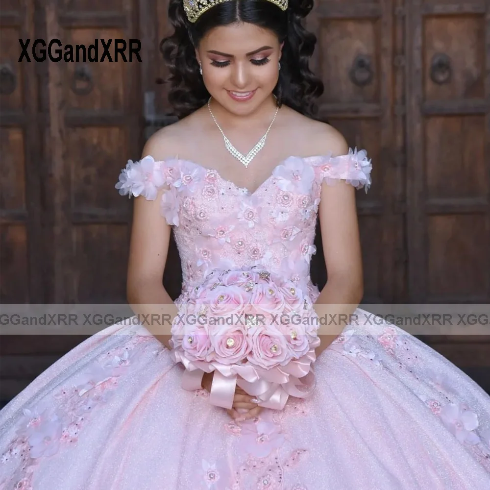 Пищни рокля с цветен модел 2023, апликация с открити рамене, Сладка Розова бална рокля на принцеса с отворен гръб, Vestidos De 15 Años - 4