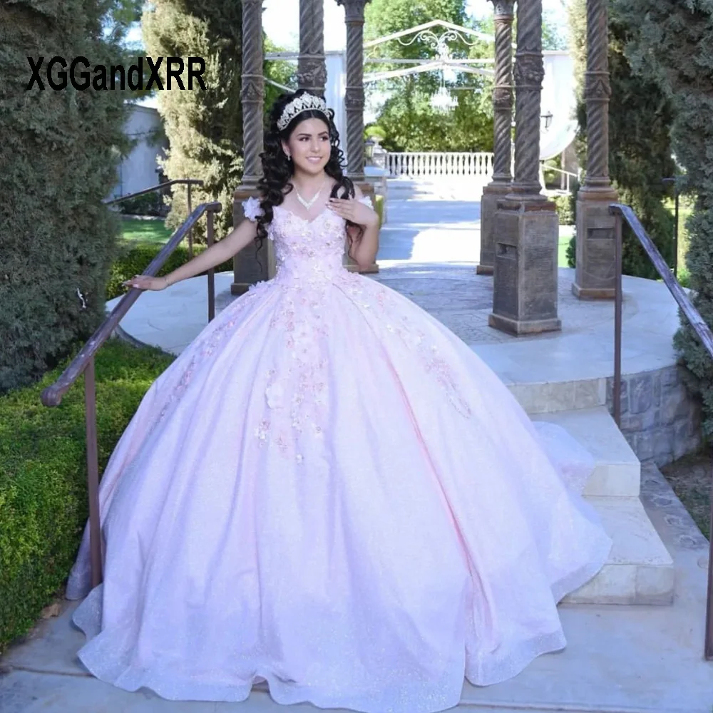 Пищни рокля с цветен модел 2023, апликация с открити рамене, Сладка Розова бална рокля на принцеса с отворен гръб, Vestidos De 15 Años - 5