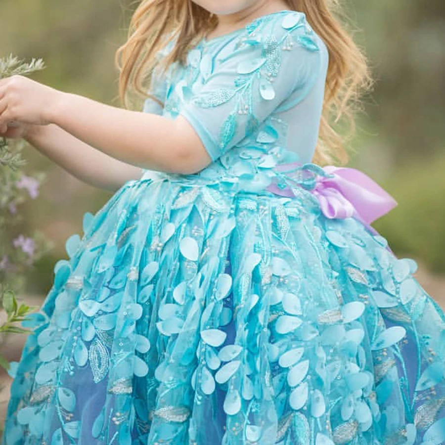 Синя Бална рокля с дантелен аппликацией, Рокля с цветя модел за момичета, Детски Принцеса Рокля с къс ръкав с Дължина до пода, Сватбени Рокли с бродерия на Рожден Ден и на Бала - 1