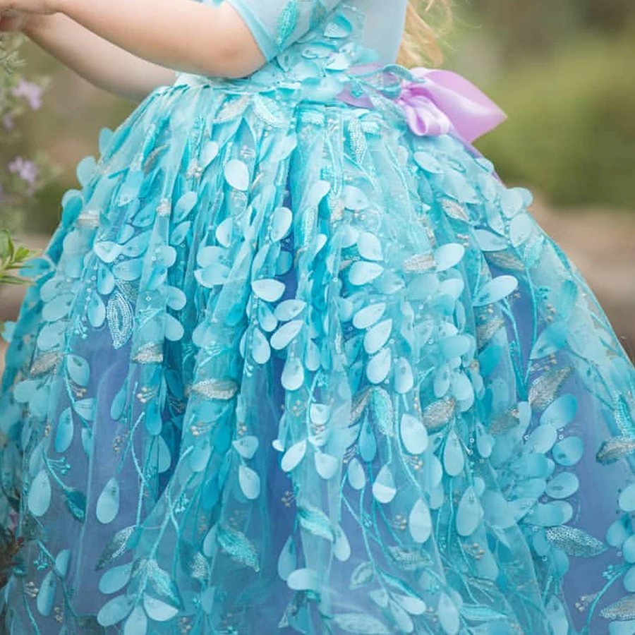 Синя Бална рокля с дантелен аппликацией, Рокля с цветя модел за момичета, Детски Принцеса Рокля с къс ръкав с Дължина до пода, Сватбени Рокли с бродерия на Рожден Ден и на Бала - 2