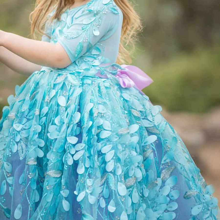 Синя Бална рокля с дантелен аппликацией, Рокля с цветя модел за момичета, Детски Принцеса Рокля с къс ръкав с Дължина до пода, Сватбени Рокли с бродерия на Рожден Ден и на Бала - 4