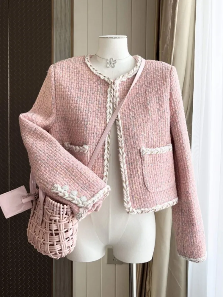 Френска дамски Елегантни розови твидовые палто с кръгло деколте Къс яке OL за партита Дамски връхни облекла Топ Casaco - 0