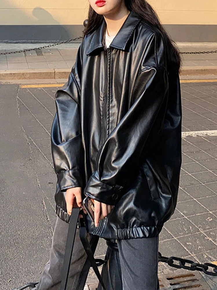 Яке от изкуствена кожа, Дамски Есенно-зимния мото-байкерская яке с цип, Дамски Корейската мода, Harajuku, Улично палто Y2K с Дълъг ръкав - 0