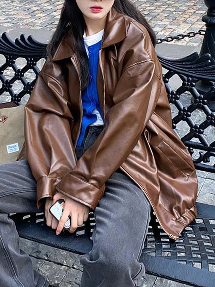 Яке от изкуствена кожа, Дамски Есенно-зимния мото-байкерская яке с цип, Дамски Корейската мода, Harajuku, Улично палто Y2K с Дълъг ръкав - 3