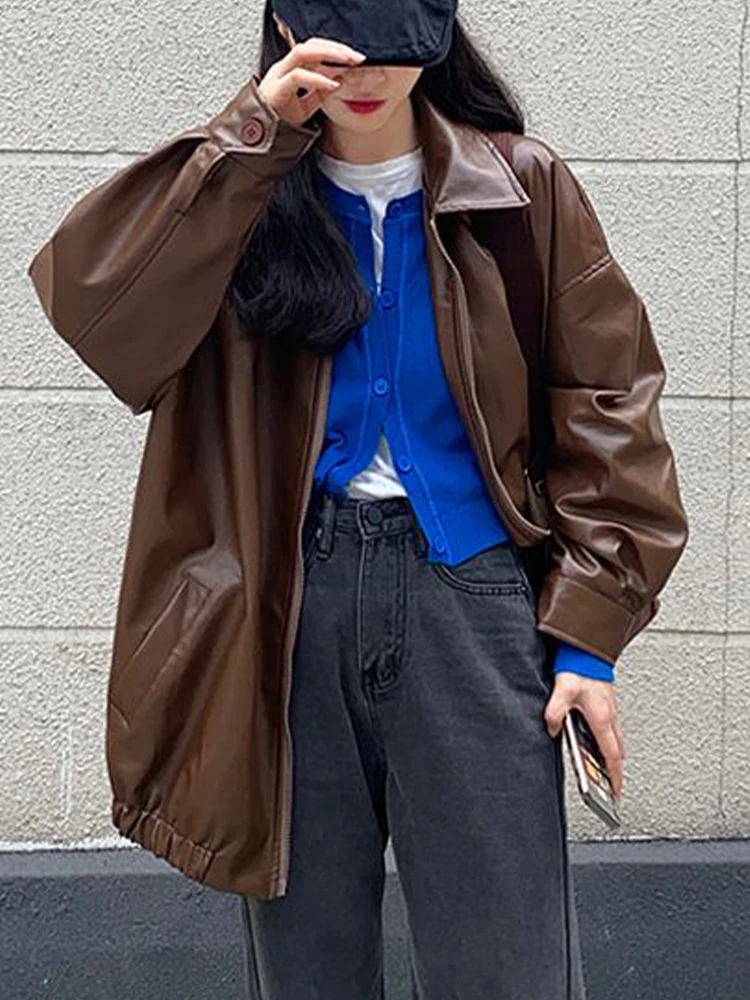 Яке от изкуствена кожа, Дамски Есенно-зимния мото-байкерская яке с цип, Дамски Корейската мода, Harajuku, Улично палто Y2K с Дълъг ръкав - 4
